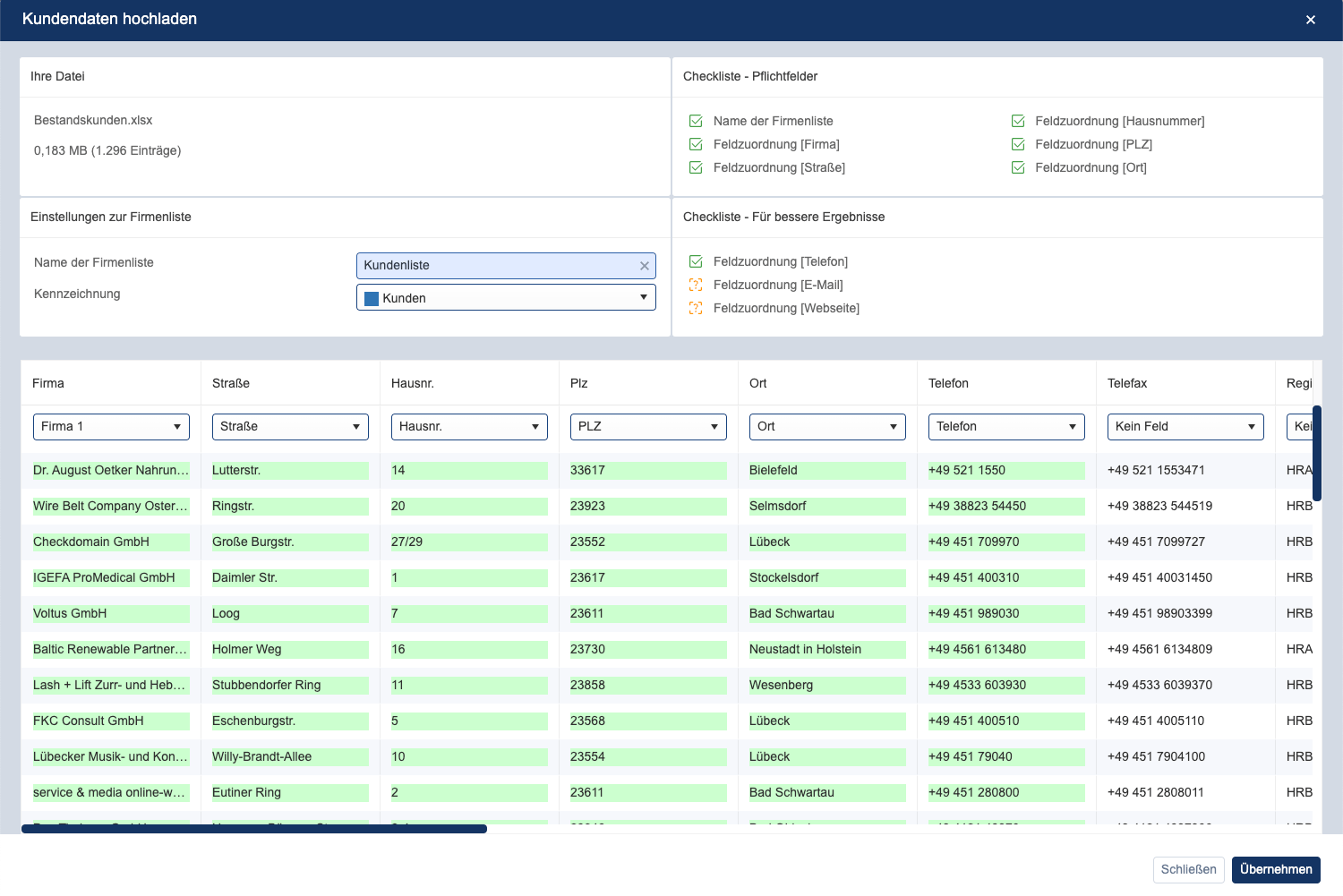 Screenshot der Datamatch-Funktion zur Bereinigung und Anreicherung von Stammdaten